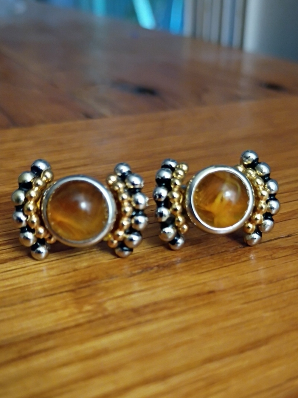 Vintage Amber Cabochon Gold & Silver Bead Stud Earrings - Unbranded